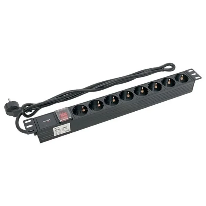 Блок PDU TERACOM PRO 19дюйм 1U 16А/250В 8 роз. Schuko с выключат. шнур 2м 3х1.5кв.мм вилка Schuko корпус пластик черн. EKF TRP-HPD-LSP-16A-8SH-2MSH