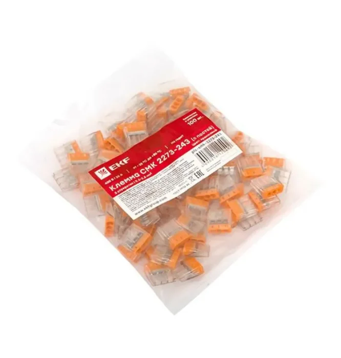 Клемма строительно-монтажная СМК 2273-243 3-проводная 0.5-2.5кв.мм с пастой (уп.100шт) PROxima EKF plc-smk-2273-243