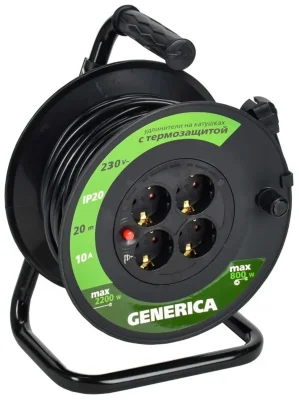 Удлинитель на катушке 4х20м 10А IP20 УК20 2P+PE 3х1 термозащита GENERICA WKP10-10-04-20-G