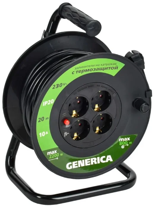 Удлинитель на катушке 4х20м 10А IP20 УК20 2P+PE 3х1 термозащита GENERICA WKP10-10-04-20-G