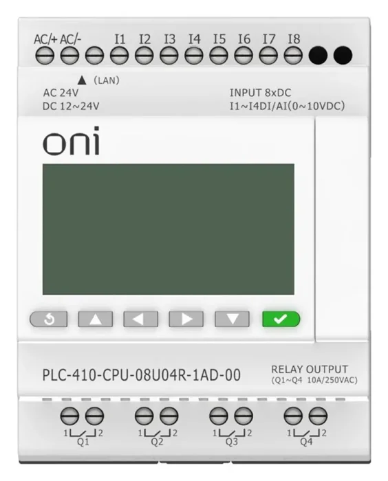 Модуль ЦПУ ПЛК 410 4 DI 4 UI (0-10 В/DI) 4 RO 12В-24В DC или 24В AC с Ethernet портом с экраном ONI PLC-410-CPU-08U04R-1AD-00