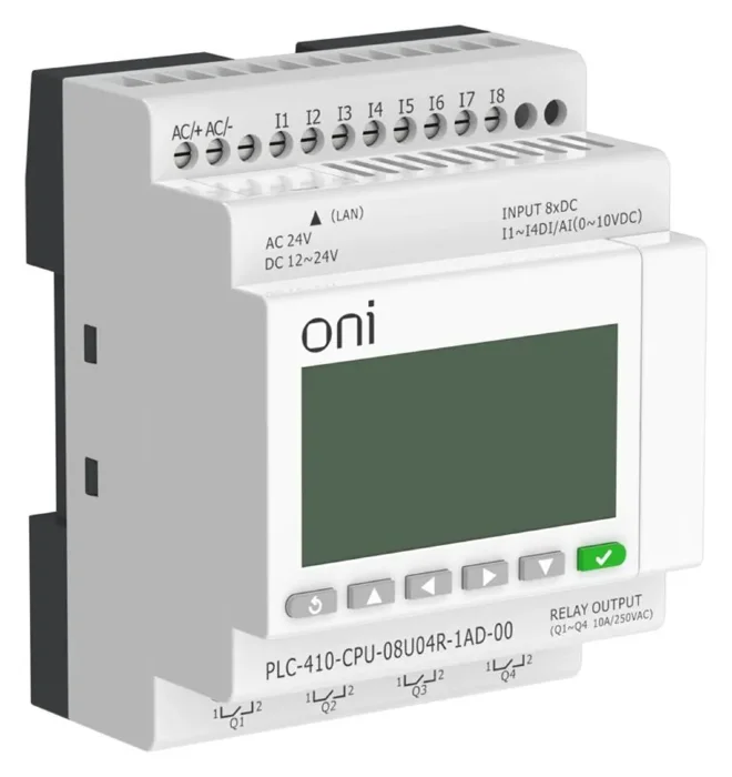Модуль ЦПУ ПЛК 410 4 DI 4 UI (0-10 В/DI) 4 RO 12В-24В DC или 24В AC с Ethernet портом с экраном ONI PLC-410-CPU-08U04R-1AD-00