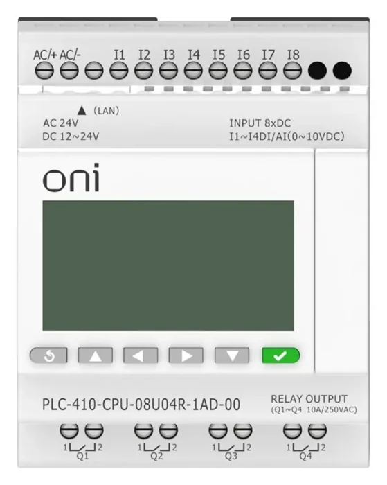 Модуль ЦПУ ПЛК 410 4 DI 4 UI (0-10 В/DI) 4 RO 12В-24В DC или 24В AC с Ethernet портом с экраном ONI PLC-410-CPU-08U04R-1AD-00