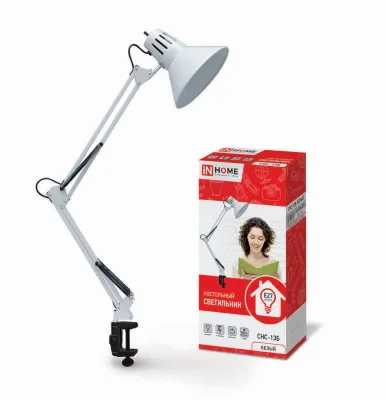 Светильник настольный СНС 13Б 60Вт E27 230В под лампу на струбцине бел. (кор.) IN HOME 4690612012728