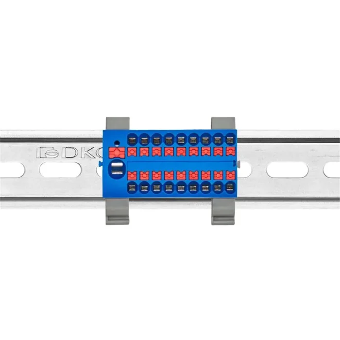 Блок распределительный с горизонт. адаптером на рейку шир. 35мм зажим push-in 1 ввод 6кв.мм 18 точек подключения 2.5кв.мм син. DKC DTP1-118-104SPUB-H