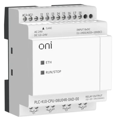 Модуль ЦПУ ПЛК 410 4 DI 4 UI (0-10 В/DI) 4 RO 12В-24В DC или 24В AC с Ethernet портом без экрана ONI PLC-410-CPU-08U04R-0AD-00