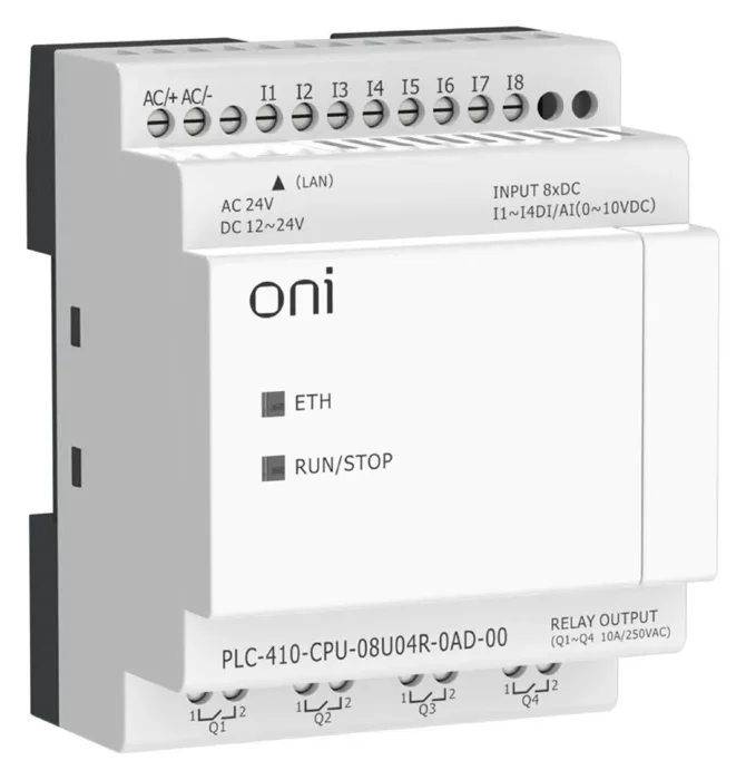 Модуль ЦПУ ПЛК 410 4 DI 4 UI (0-10 В/DI) 4 RO 12В-24В DC или 24В AC с Ethernet портом без экрана ONI PLC-410-CPU-08U04R-0AD-00