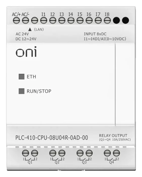 Модуль ЦПУ ПЛК 410 4 DI 4 UI (0-10 В/DI) 4 RO 12В-24В DC или 24В AC с Ethernet портом без экрана ONI PLC-410-CPU-08U04R-0AD-00