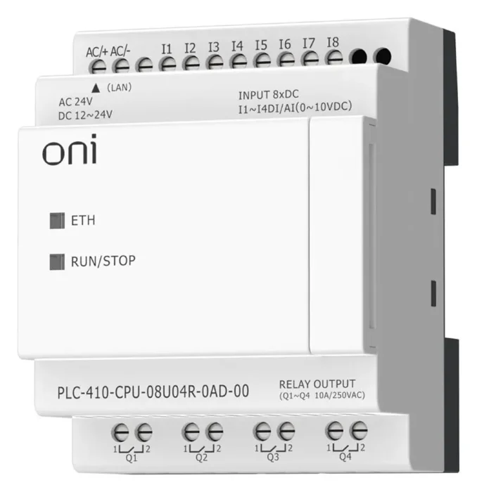 Модуль ЦПУ ПЛК 410 4 DI 4 UI (0-10 В/DI) 4 RO 12В-24В DC или 24В AC с Ethernet портом без экрана ONI PLC-410-CPU-08U04R-0AD-00