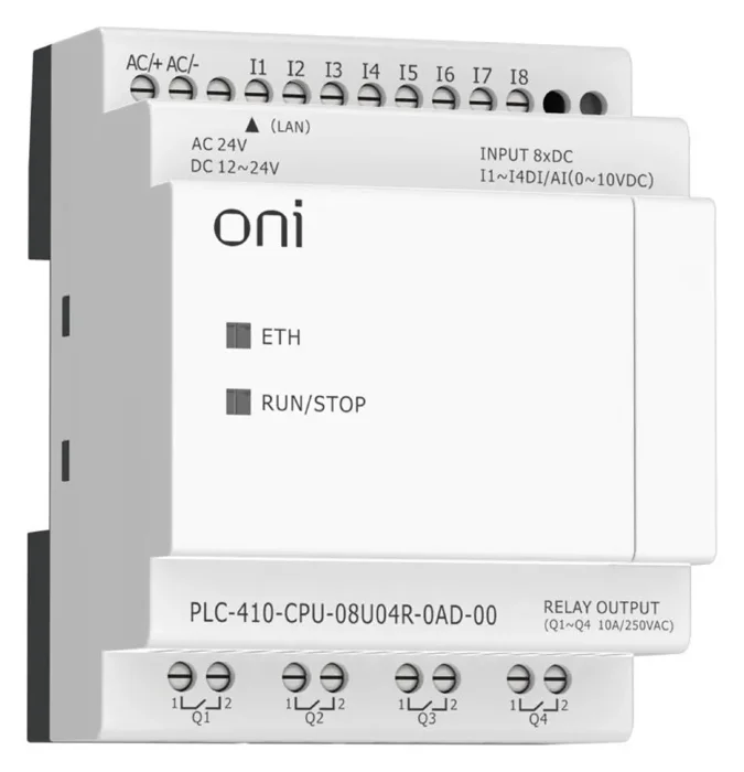 Модуль ЦПУ ПЛК 410 4 DI 4 UI (0-10 В/DI) 4 RO 12В-24В DC или 24В AC с Ethernet портом без экрана ONI PLC-410-CPU-08U04R-0AD-00