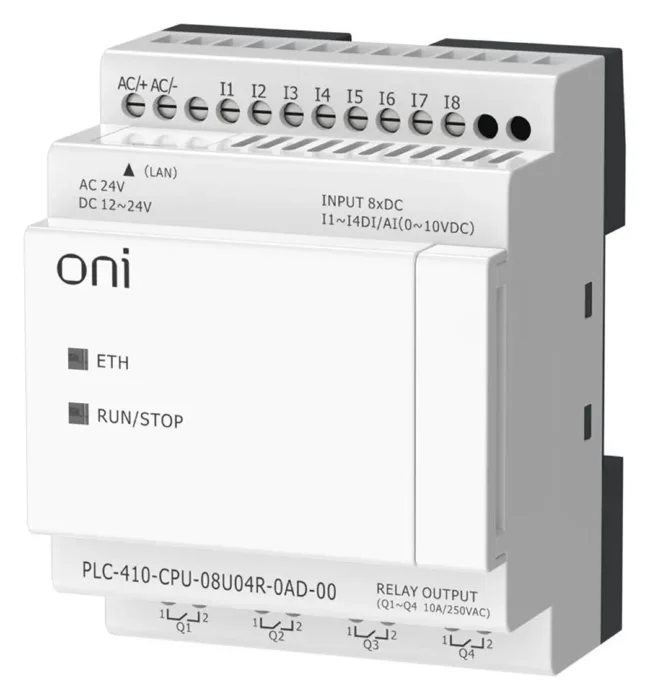 Модуль ЦПУ ПЛК 410 4 DI 4 UI (0-10 В/DI) 4 RO 12В-24В DC или 24В AC с Ethernet портом без экрана ONI PLC-410-CPU-08U04R-0AD-00