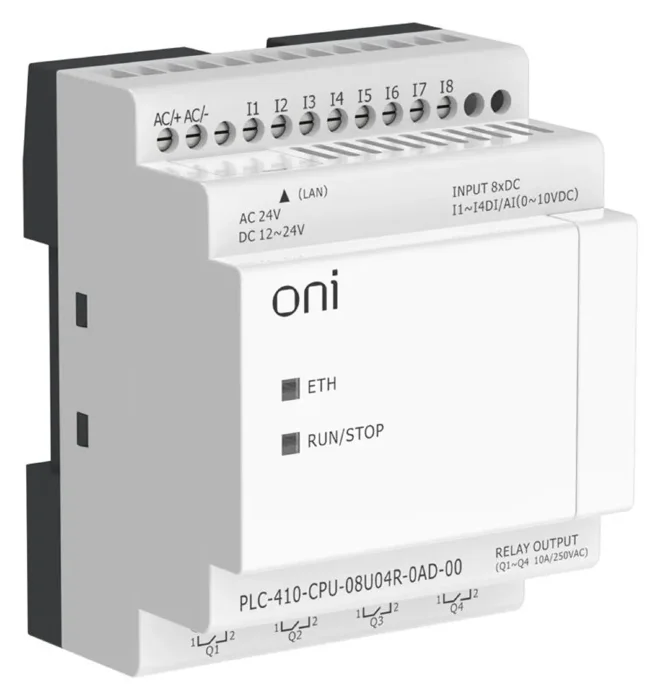 Модуль ЦПУ ПЛК 410 4 DI 4 UI (0-10 В/DI) 4 RO 12В-24В DC или 24В AC с Ethernet портом без экрана ONI PLC-410-CPU-08U04R-0AD-00