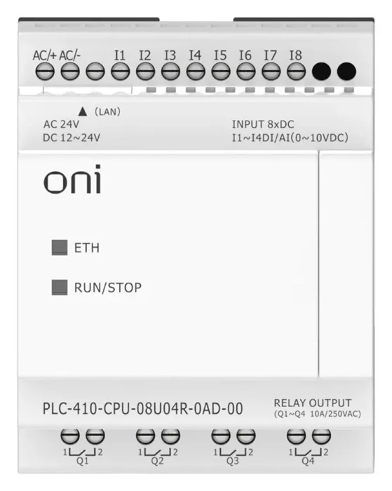 Модуль ЦПУ ПЛК 410 4 DI 4 UI (0-10 В/DI) 4 RO 12В-24В DC или 24В AC с Ethernet портом без экрана ONI PLC-410-CPU-08U04R-0AD-00