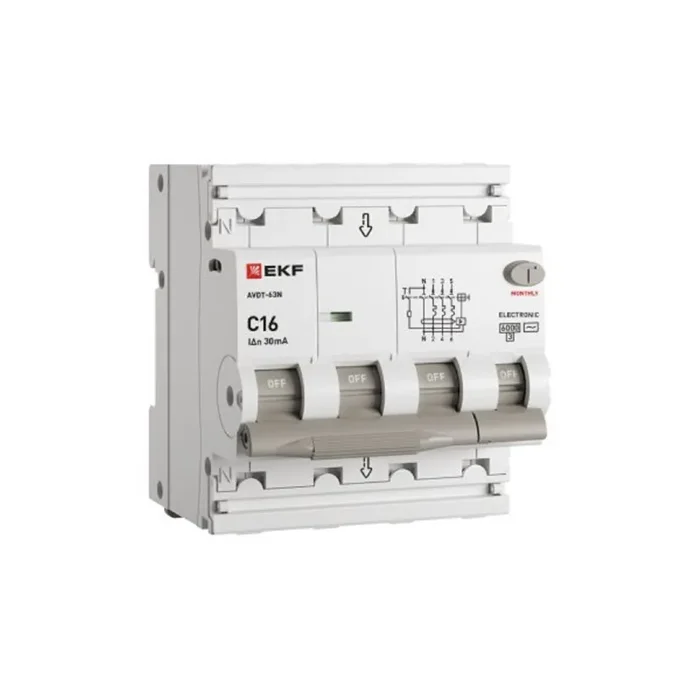 Выключатель автоматический дифференциального тока 4п (3P+N) C 16А 30мА тип AC 6кА АВДТ-63N электронный PROxima EKF D63N46E16C30